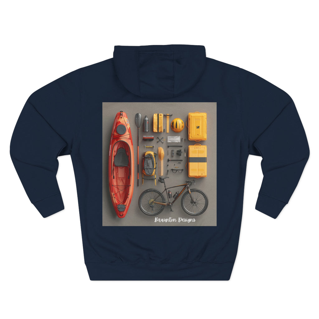 Adventure Gear Hoodie — Kayak & Bike Outdoor Essentials Graphic