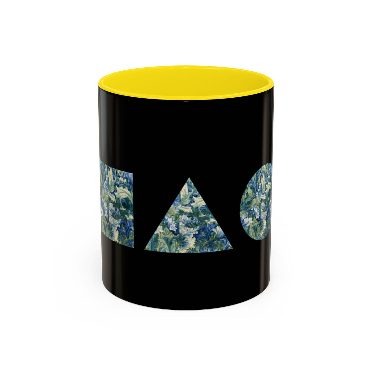 Geometric Floral Accent Coffee Mug — Blue Marble Circle Triangle Square