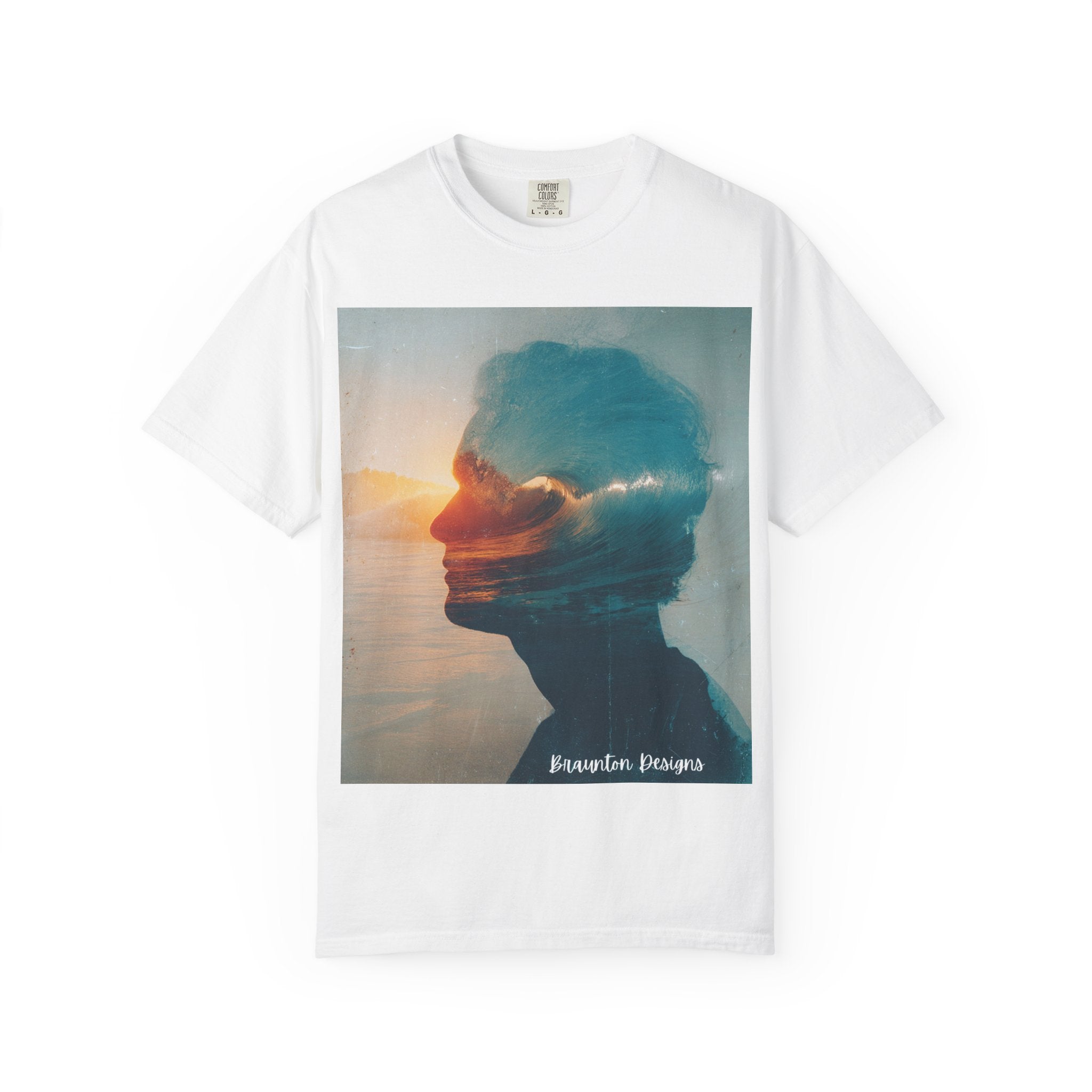 Surfer Double Exposure Tee — Ocean Sunset Silhouette T-Shirt