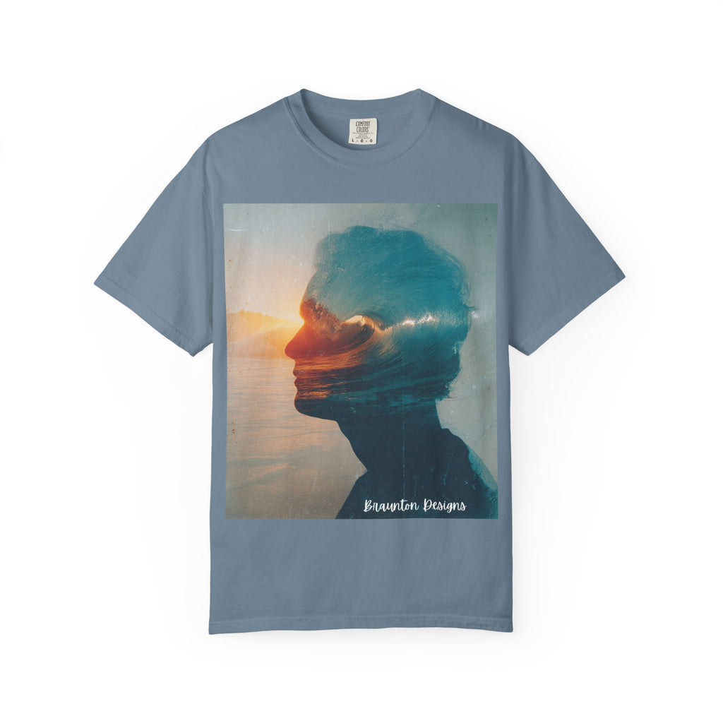 Surfer Double Exposure Tee — Ocean Sunset Silhouette T-Shirt