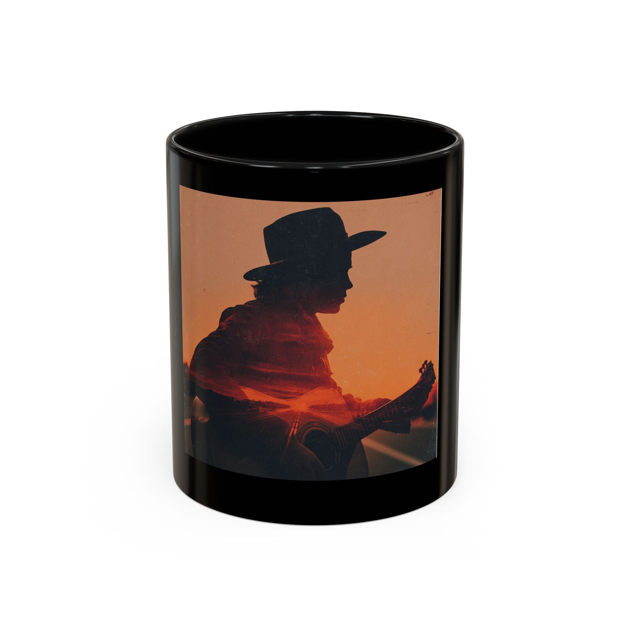 Sunset Guitarist Accent Coffee Mug — Silhouette Music Lover Gift