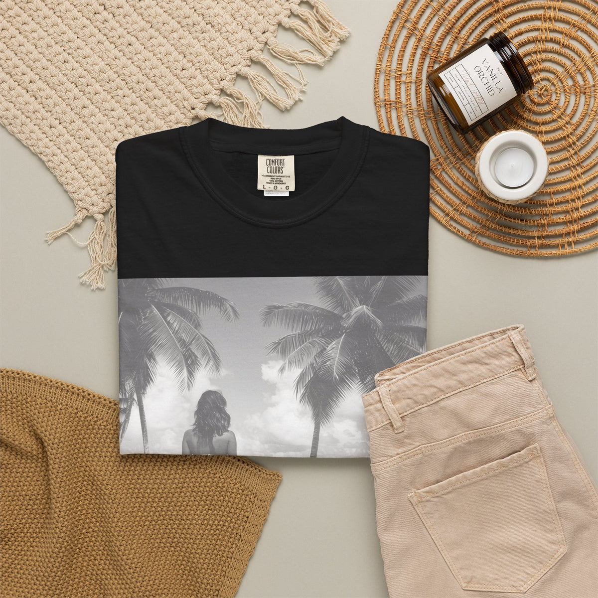 Vintage Beach Photo T‑Shirt — Coastal Retro Palm Print. Heavyweight Fabric