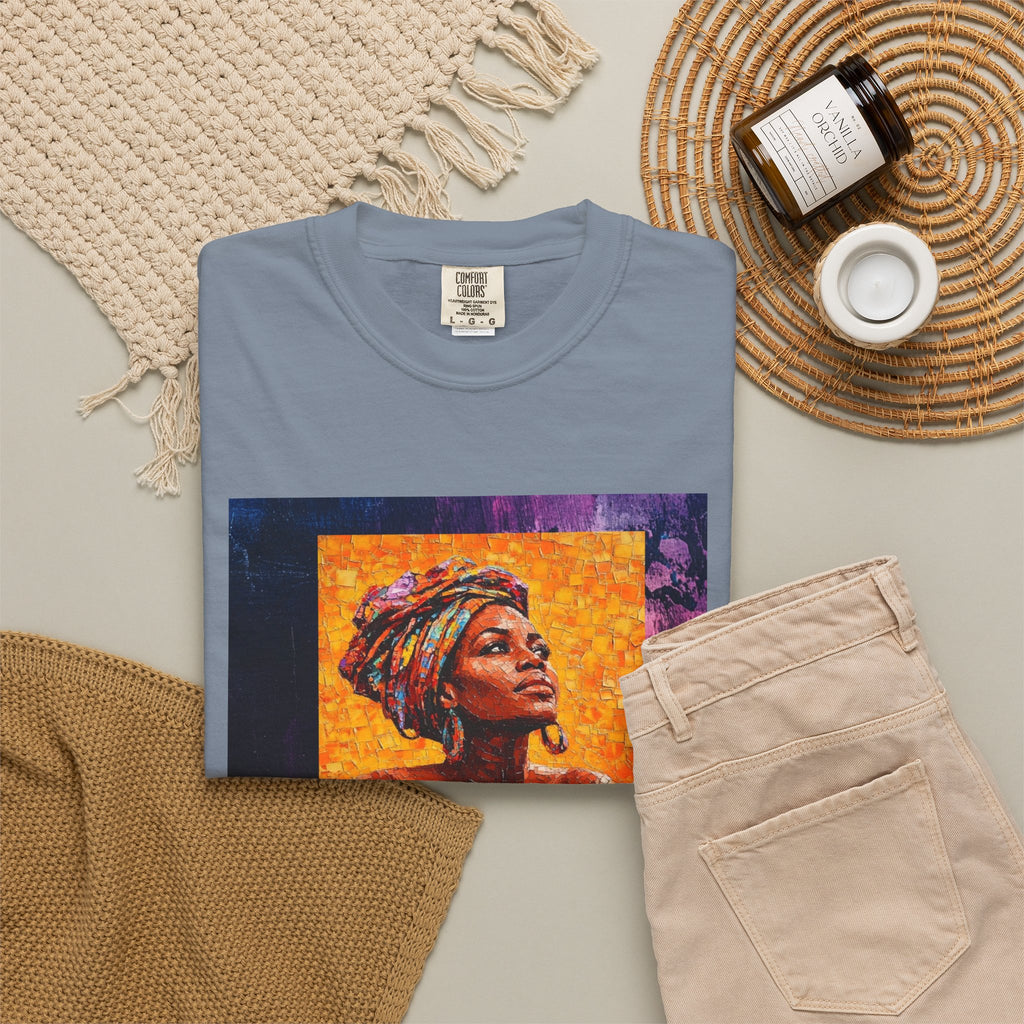 Afrocentric Portrait Art T-Shirt — Vibrant Woman in Headwrap Graphic Tee