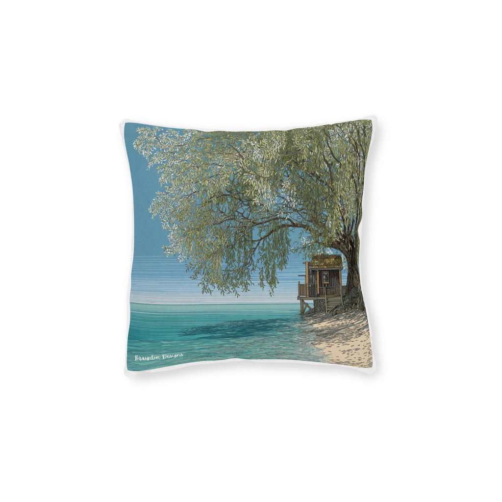 Beachfront Tree Square Pillow with Pink Backing — Coastal Throw Pillow