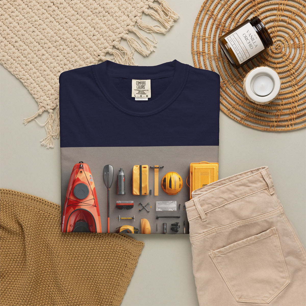 Adventure Gear T-Shirt — Kayak & Bike Outfit Flatlay