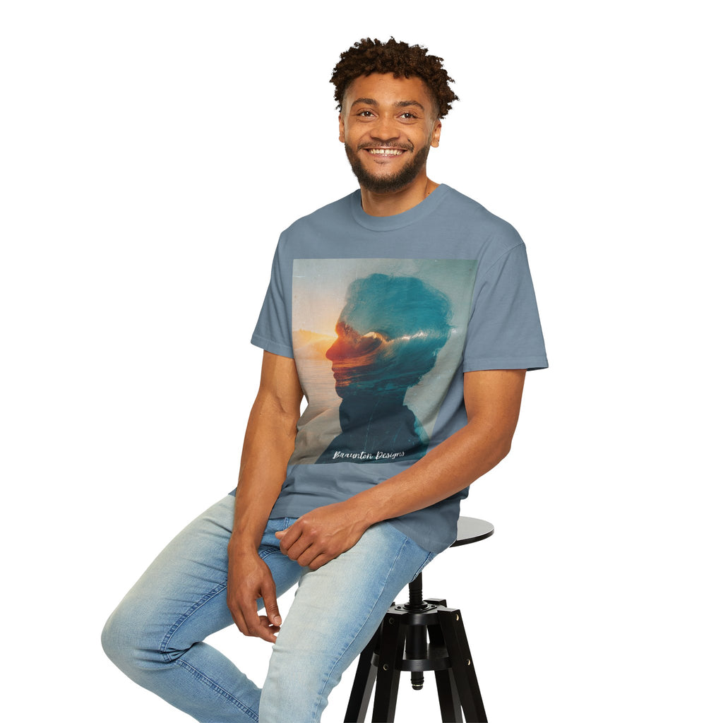 Surfer Double Exposure Tee — Ocean Sunset Silhouette T-Shirt