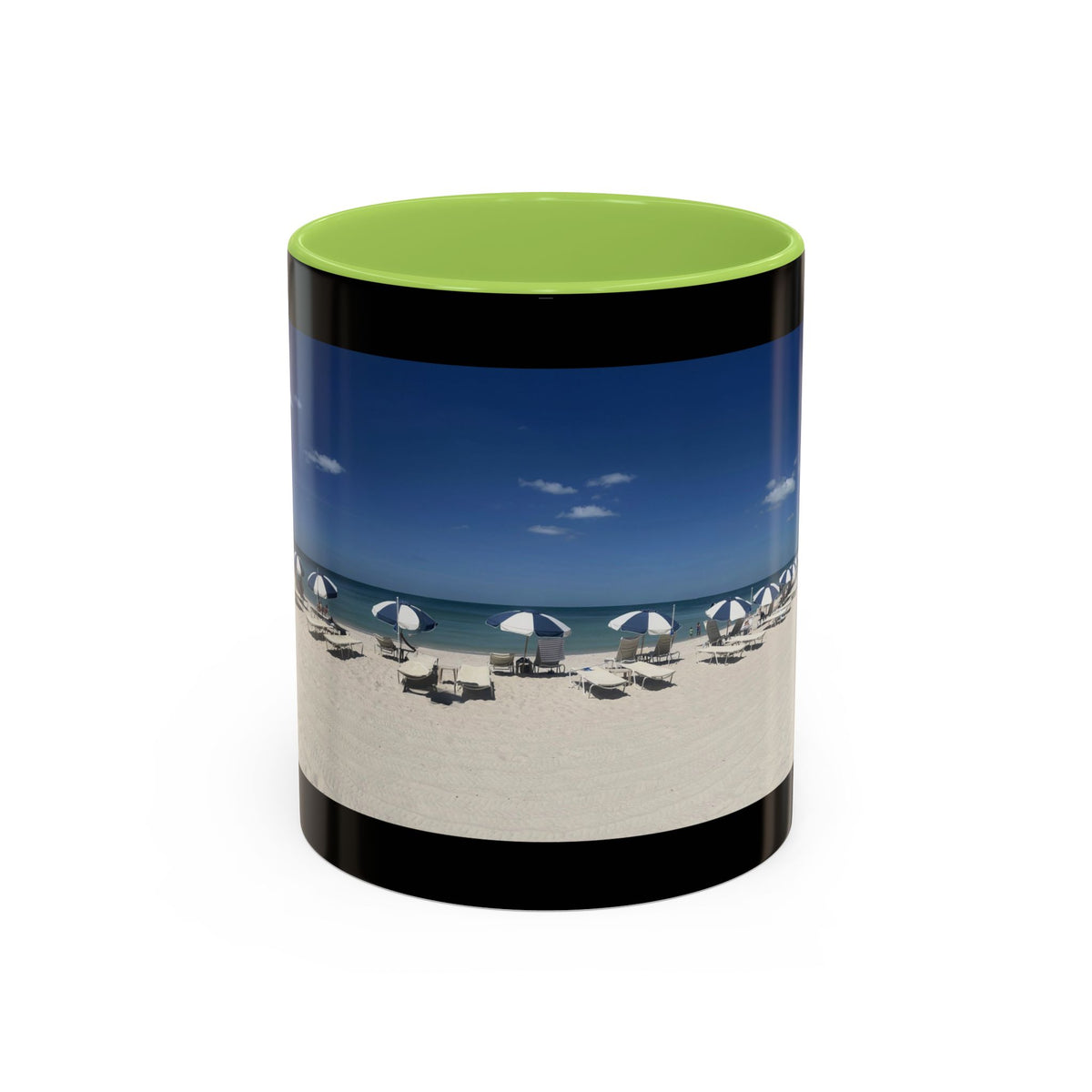 Beach Umbrellas Photo Coffee Mug — Scenic Oceanfront 11/15oz Accent Mug