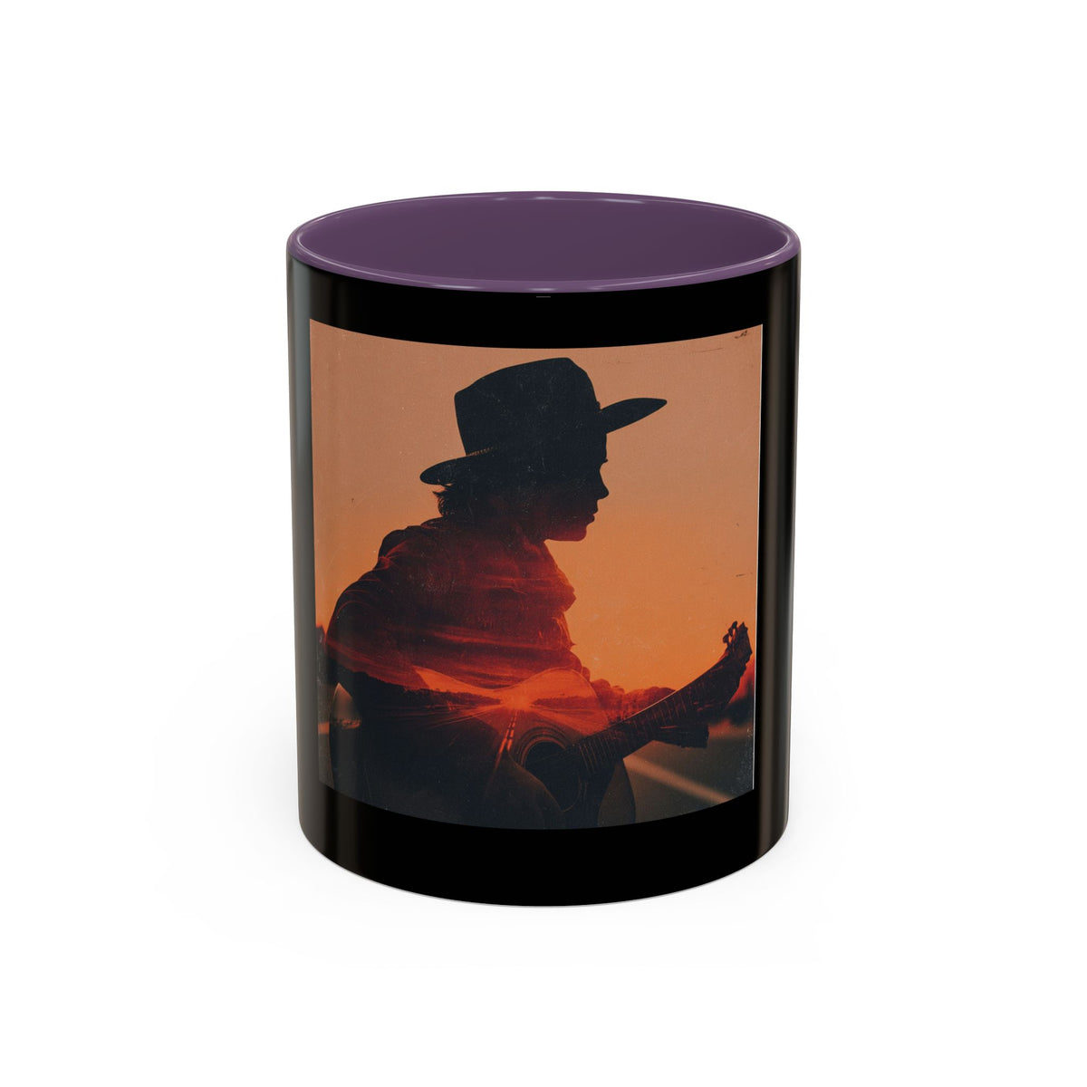 Sunset Guitarist Accent Coffee Mug — Silhouette Music Lover Gift