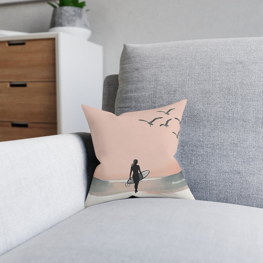 Surf Silhouette Throw Pillow — Pink Coastal Beach Decor