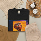 Afrocentric Portrait Art T-Shirt — Vibrant Woman in Headwrap Graphic Tee