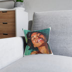 Smiling Woman Art Throw Pillow — Colorful Portrait Square Pillow with Pink Back