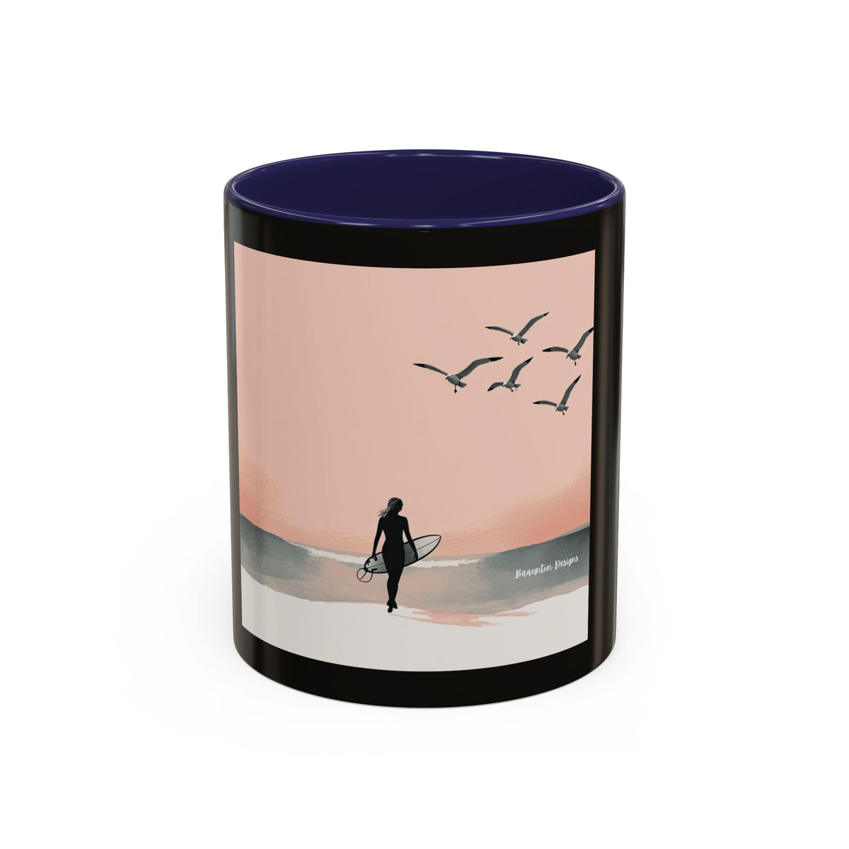 Surf Sunset Accent Coffee Mug — Beach Surfer Silhouette with Seagulls (11/15 oz)