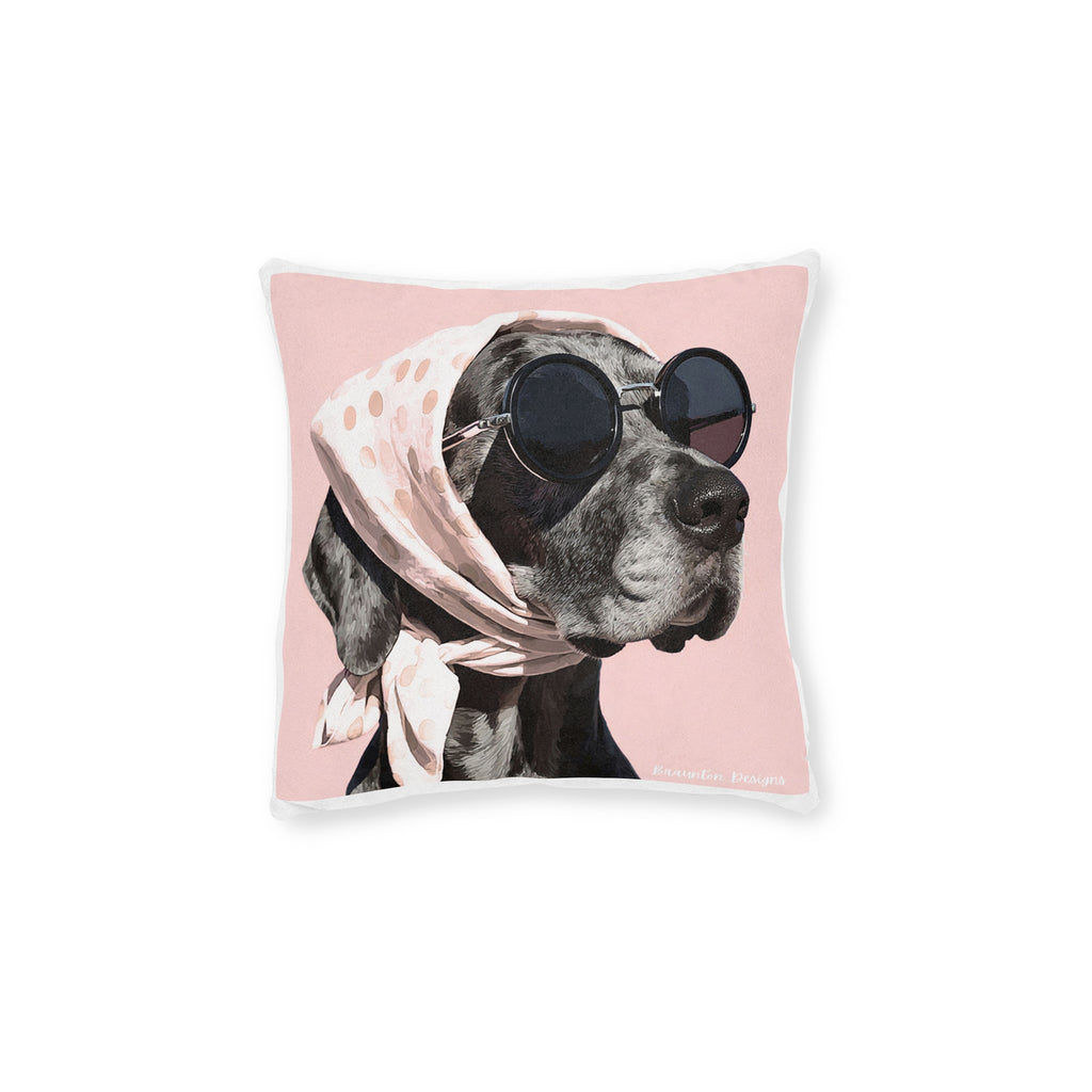 Fashionable Dog Square Pillow – Vintage Pup in Scarf & Sunglasses, Pink Accent Throw Pillow