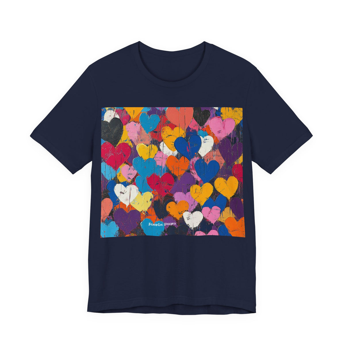 Women’s Heart Pattern Tee – Colorful Abstract Love Graphic T‑Shirt. Lightweight Fabric