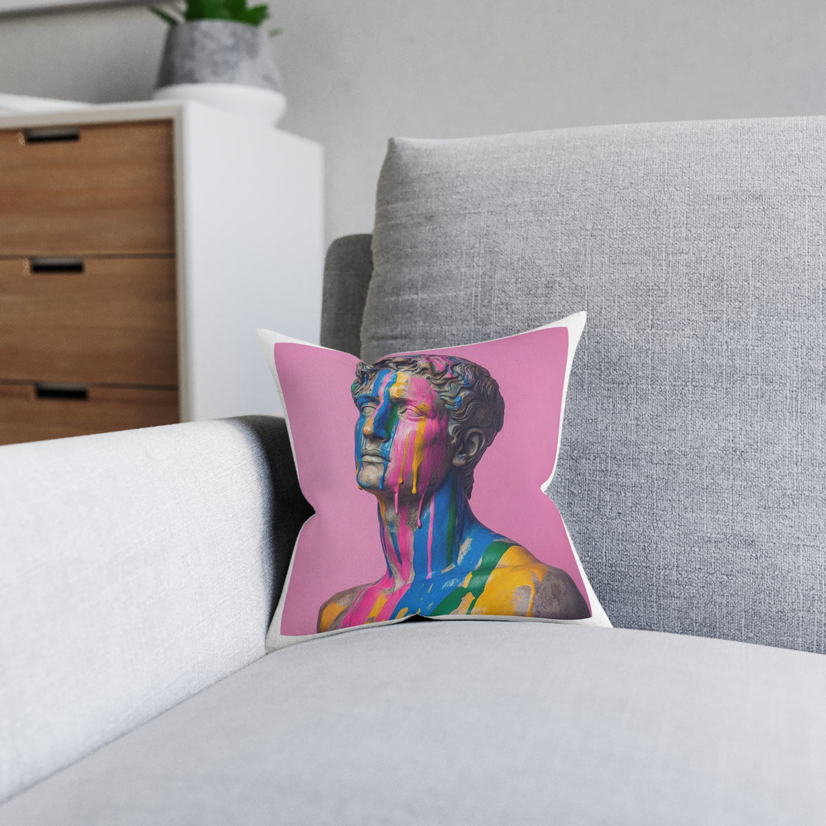 Abstract Double Exposure Silhouette Throw Pillow — Blue Coastal Art on Pink Back