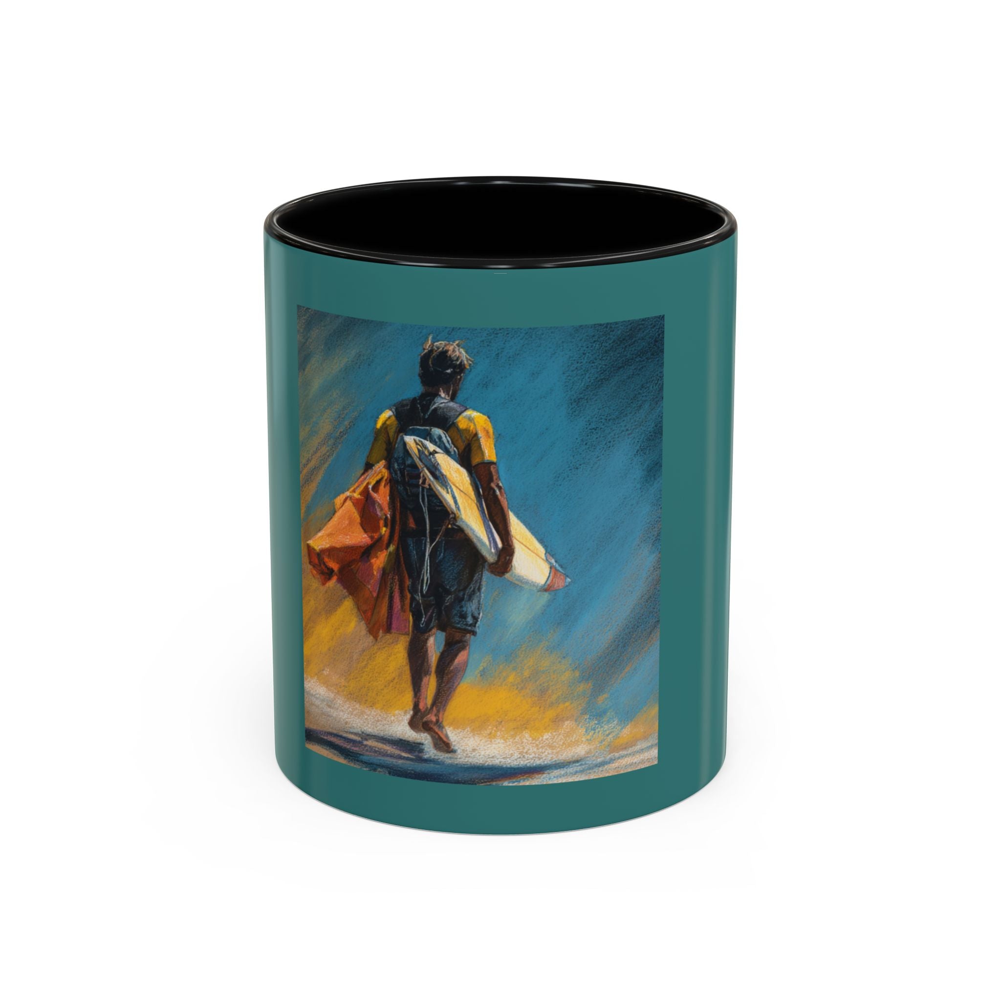Surfing Art Coffee Mug — Teal Accent Ceramic Mug with Surfer Painting (11/15 oz)