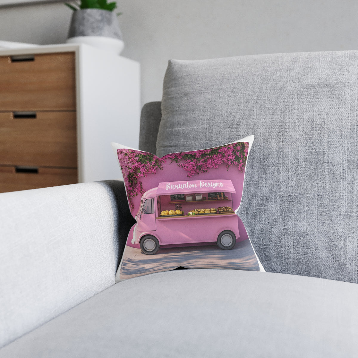 Pink Food Truck Decorative Pillow — Floral Vintage Van Accent Cushion