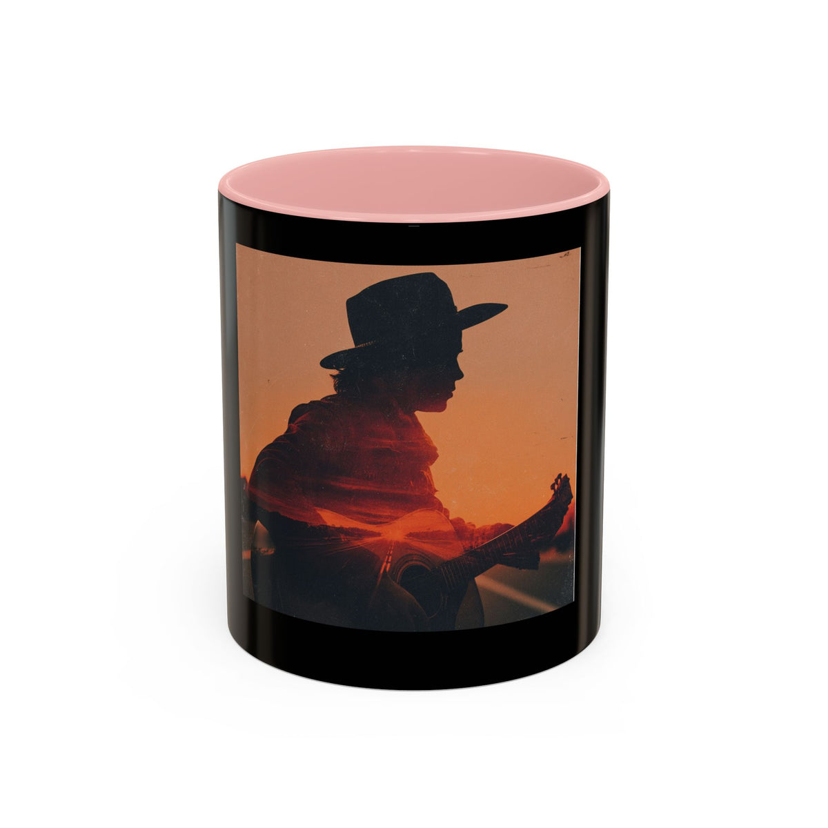 Sunset Guitarist Accent Coffee Mug — Silhouette Music Lover Gift