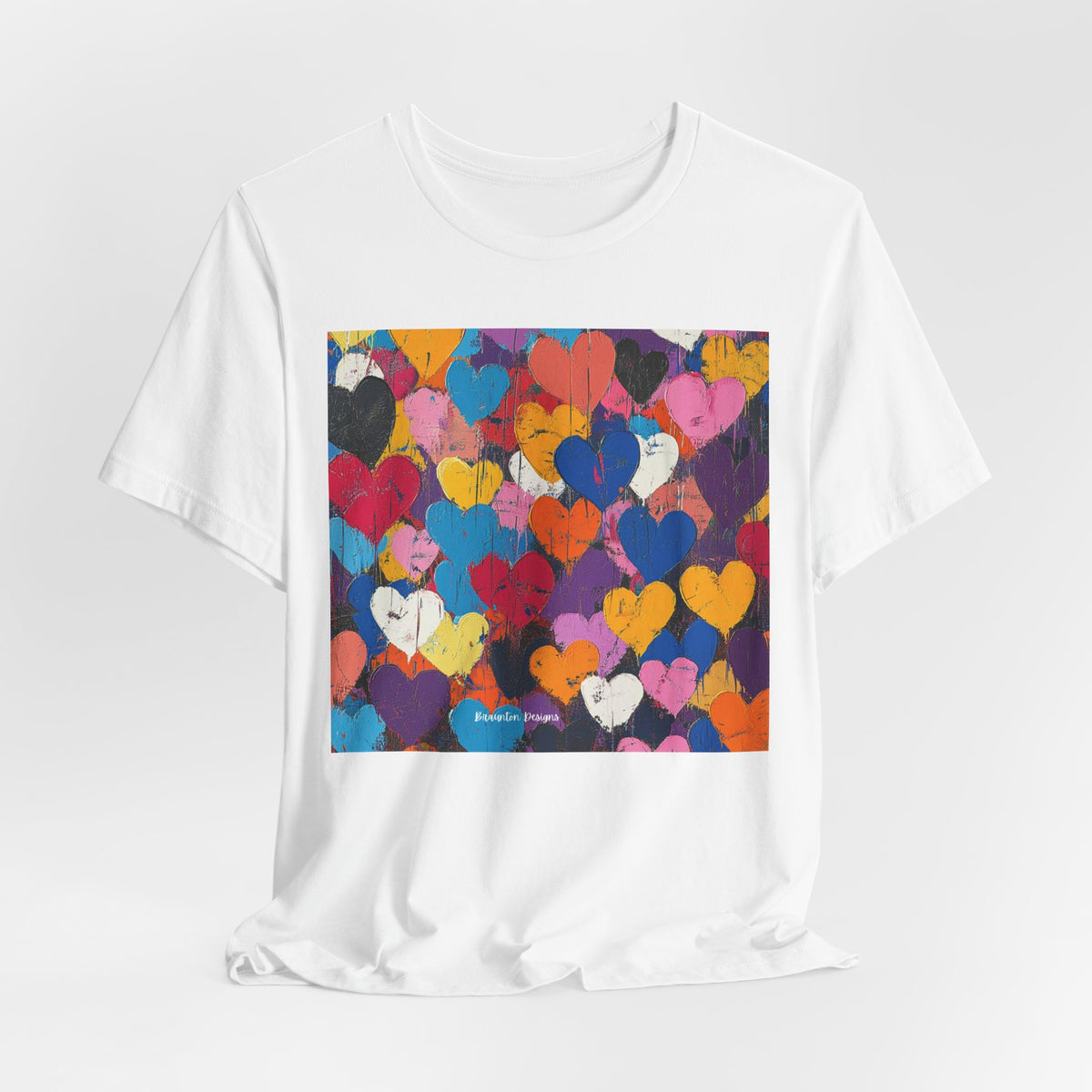 Women’s Heart Pattern Tee – Colorful Abstract Love Graphic T‑Shirt. Lightweight Fabric
