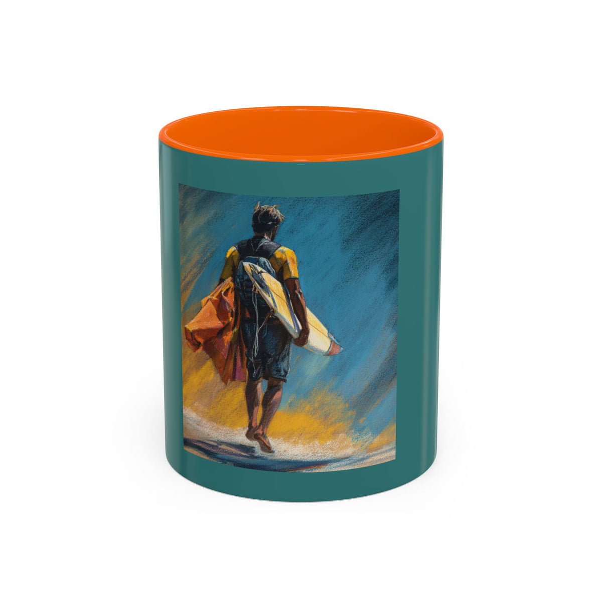 Surfing Art Coffee Mug — Teal Accent Ceramic Mug with Surfer Painting (11/15 oz)