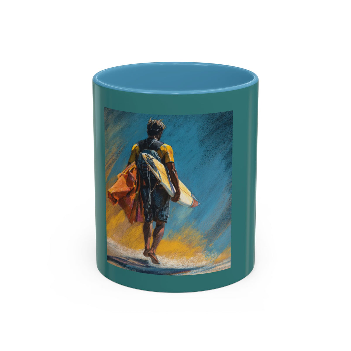 Surfing Art Coffee Mug — Teal Accent Ceramic Mug with Surfer Painting (11/15 oz)