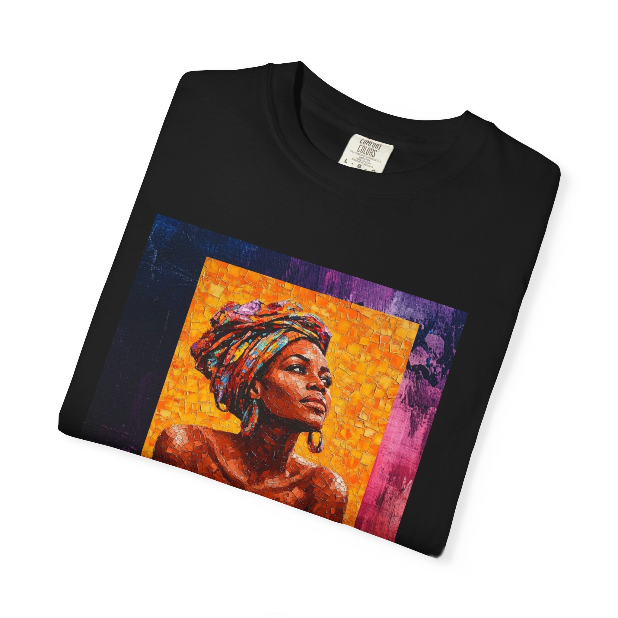 Afrocentric Portrait Art T-Shirt — Vibrant Woman in Headwrap Graphic Tee