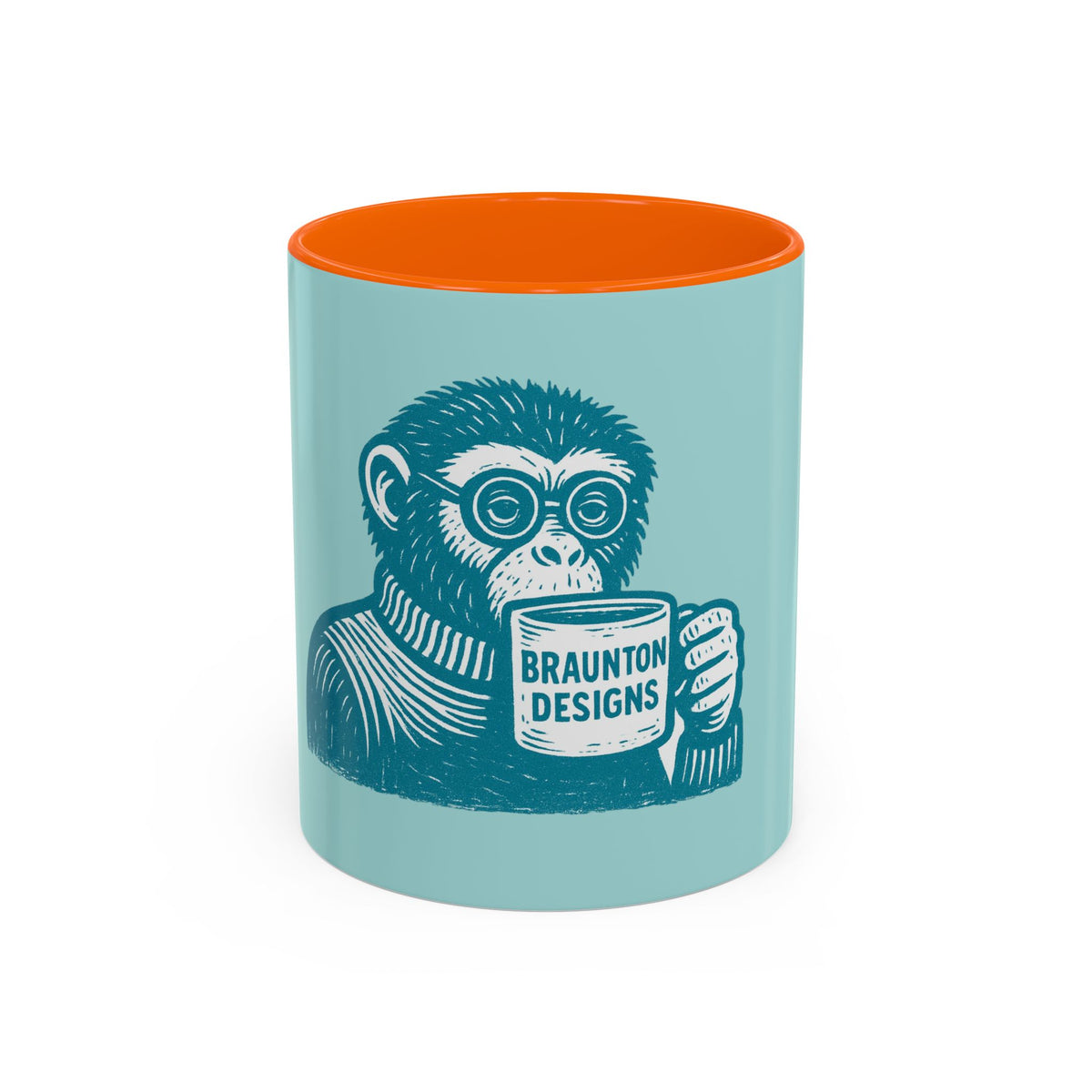 Retro Monkey Coffee Mug — Cute Chimp with 'Braunton Designs' Cup | Fun Gift for Coffee Lovers