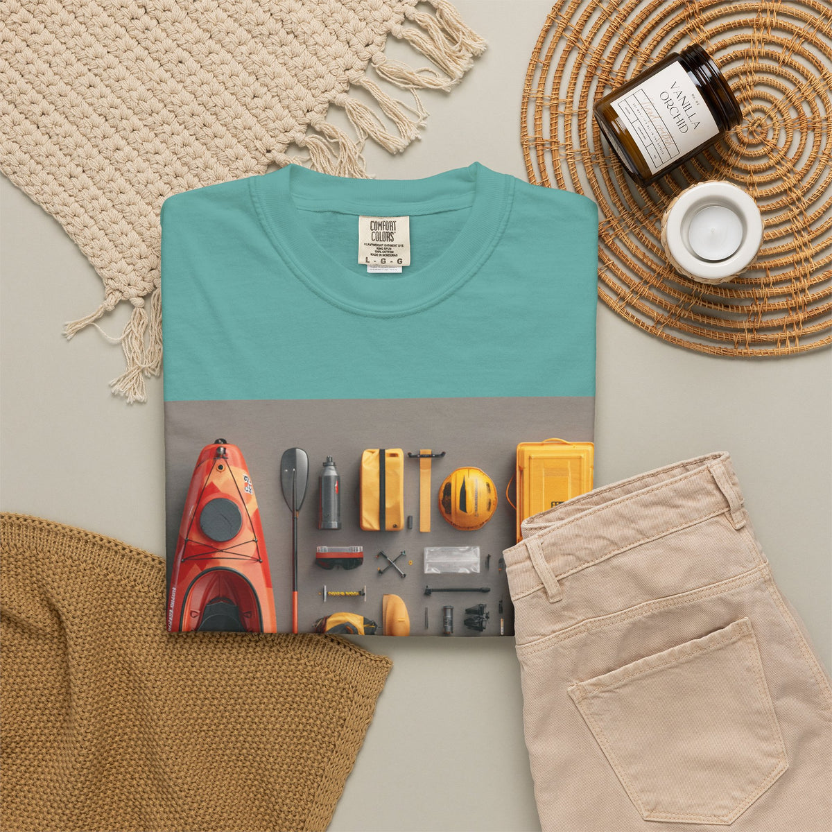 Adventure Gear T-Shirt — Kayak & Bike Outfit Flatlay