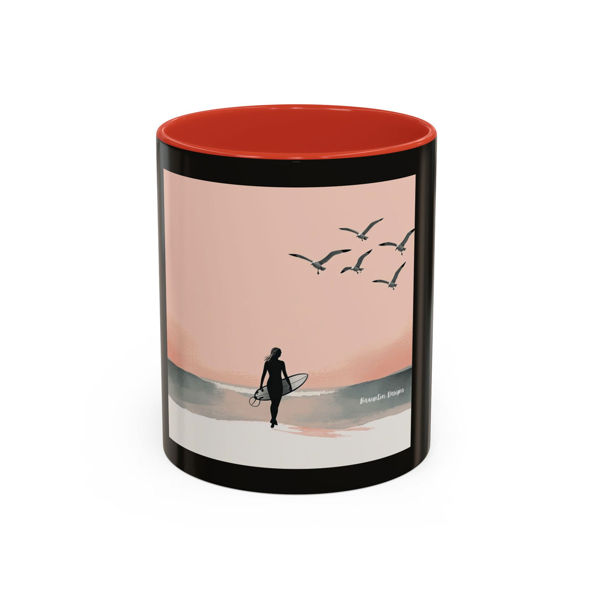 Surf Sunset Accent Coffee Mug — Beach Surfer Silhouette with Seagulls (11/15 oz)