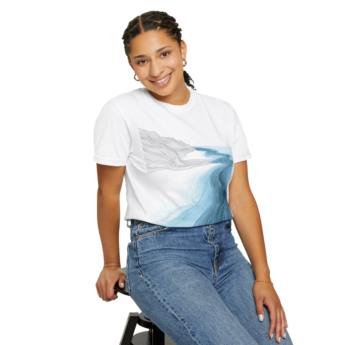 Ocean Current Art T-Shirt — Calming Blue Coastal Wave Graphic Tee. Heavyweight Fabric