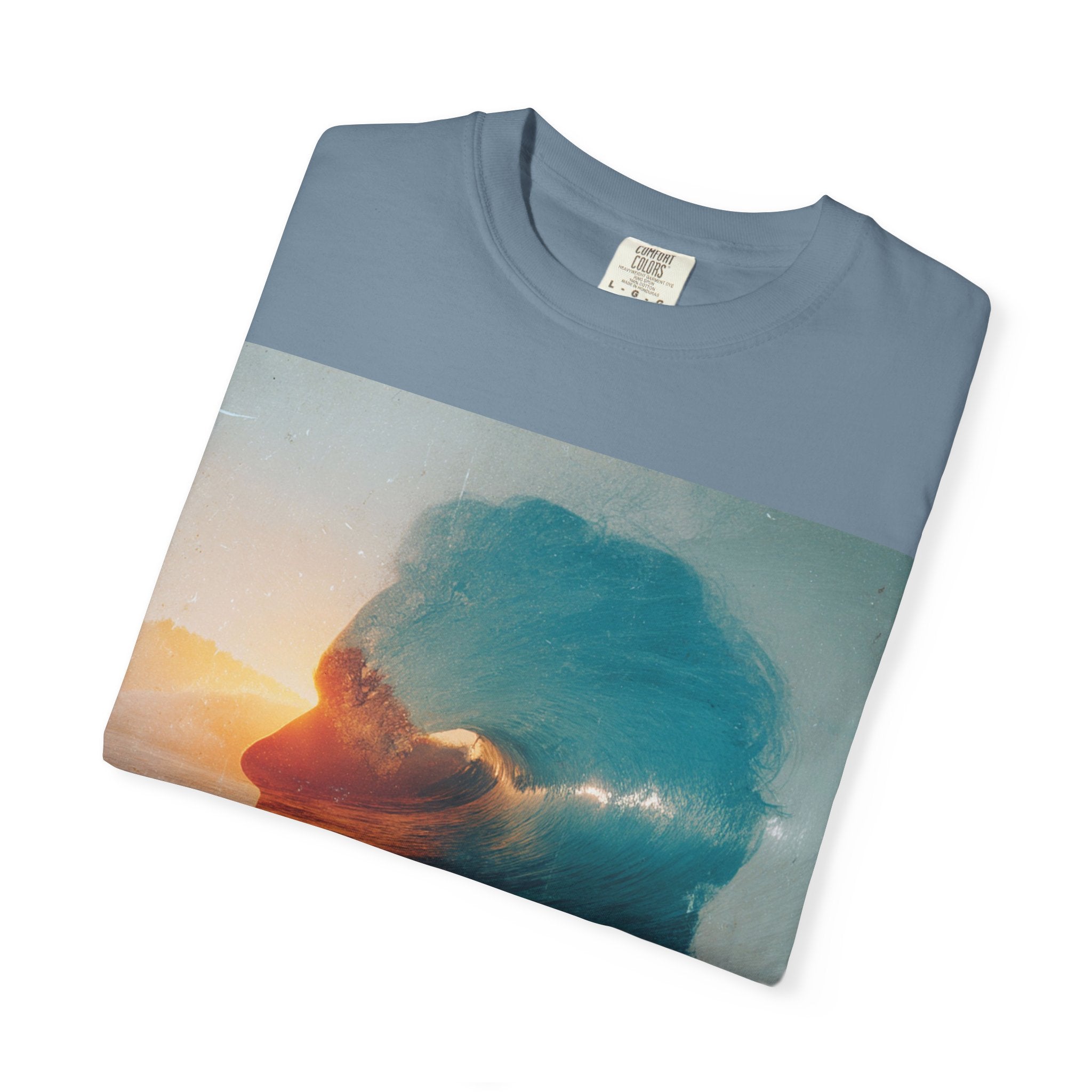 Surfer Double Exposure Tee — Ocean Sunset Silhouette T-Shirt