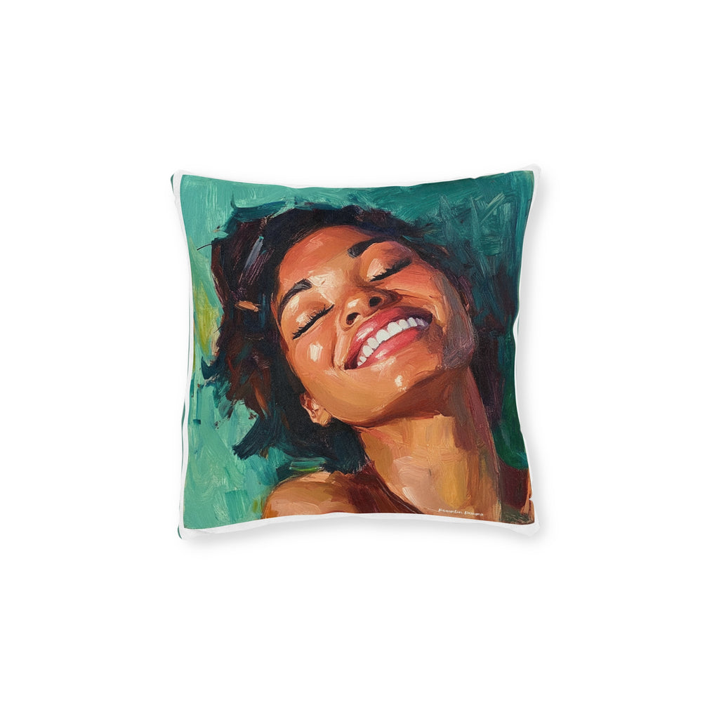 Smiling Woman Art Throw Pillow — Colorful Portrait Square Pillow with Pink Back