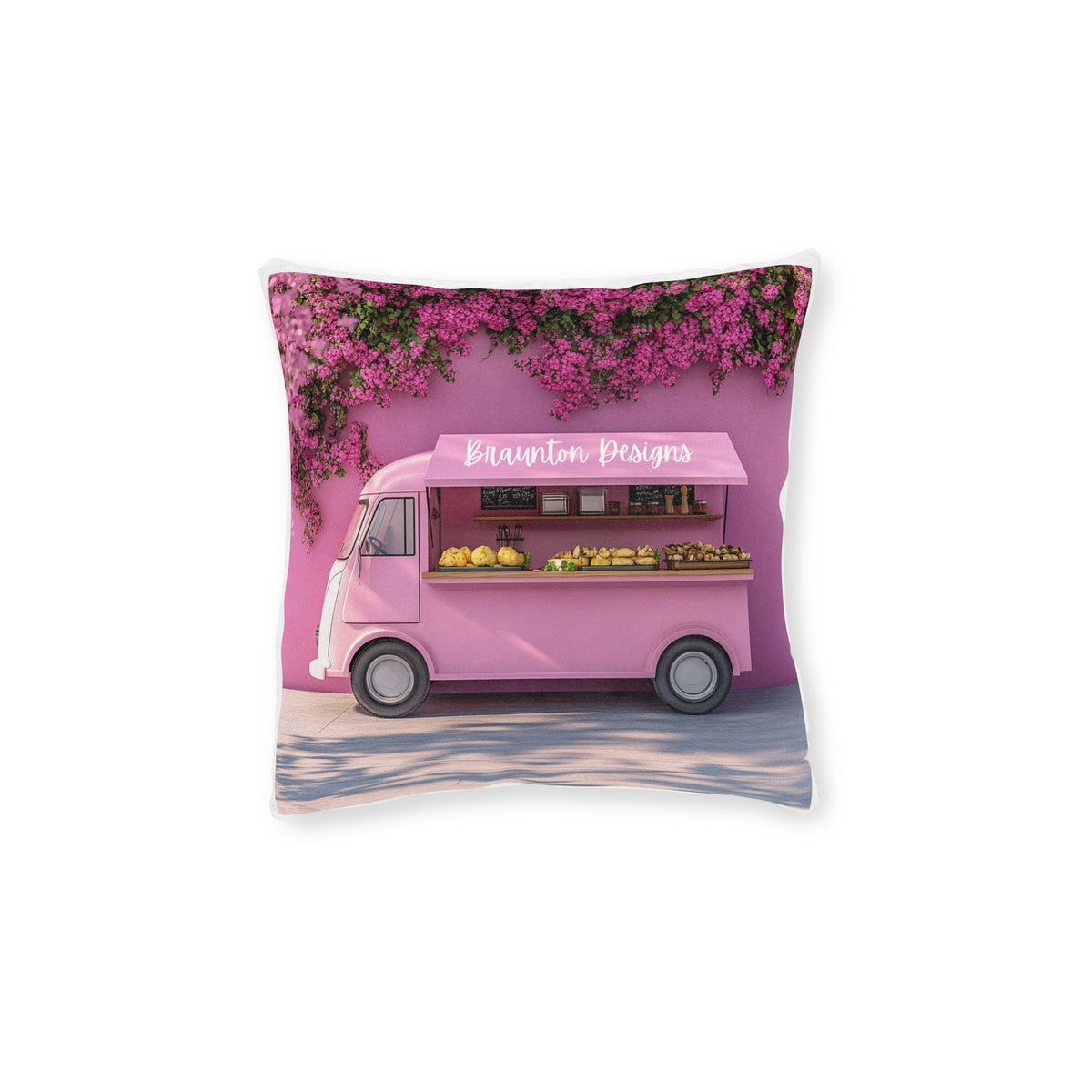 Pink Food Truck Decorative Pillow — Floral Vintage Van Accent Cushion