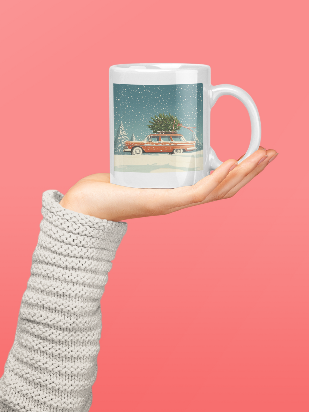 Vintage Station Wagon with Christmas Tree Mug | Holiday Snow Scene