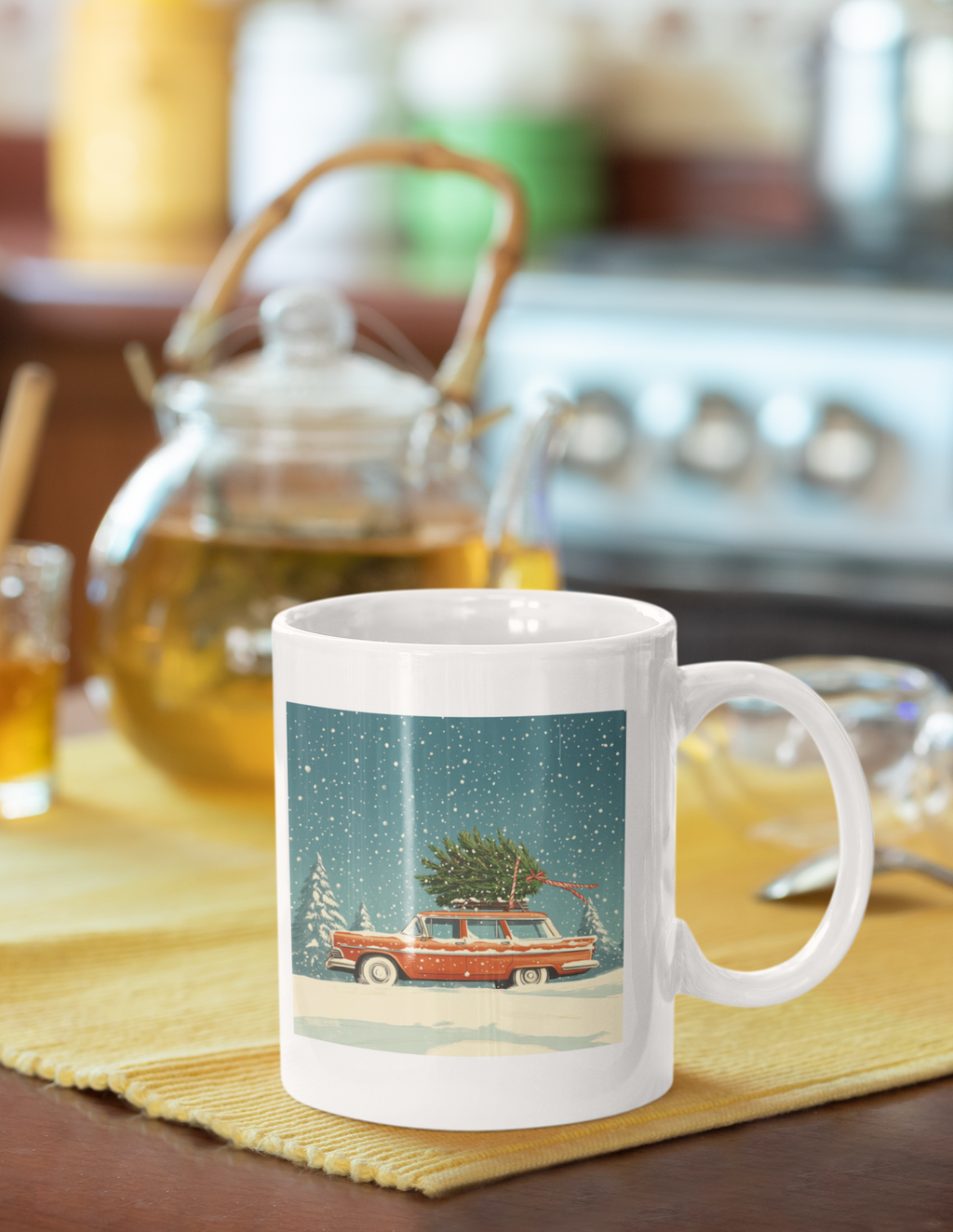 Vintage Station Wagon with Christmas Tree Mug | Holiday Snow Scene