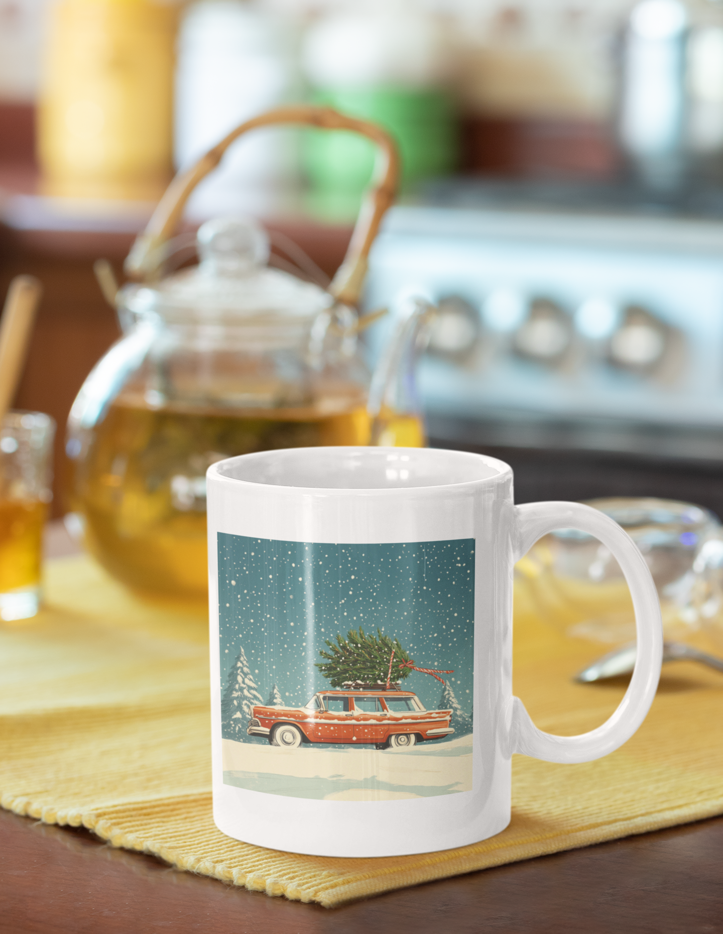 Vintage Station Wagon with Christmas Tree Mug | Holiday Snow Scene
