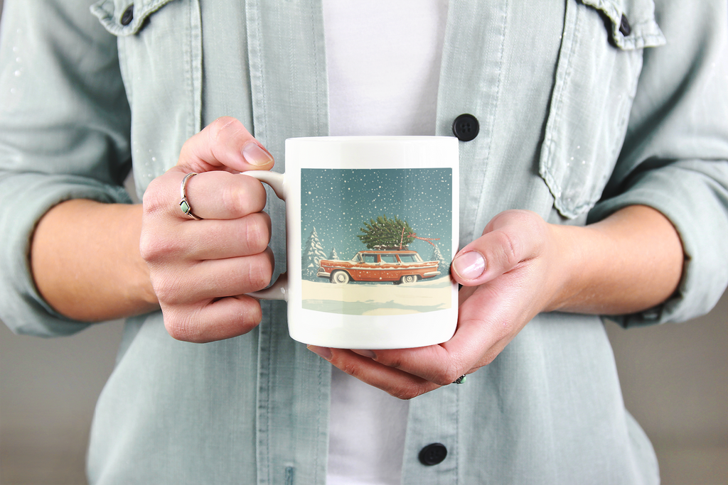 Vintage Station Wagon with Christmas Tree Mug | Holiday Snow Scene