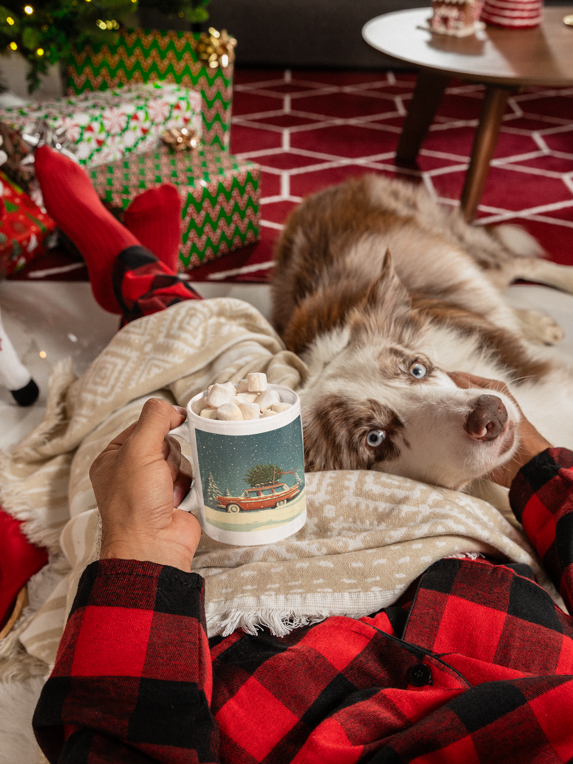 Vintage Station Wagon with Christmas Tree Mug | Holiday Snow Scene