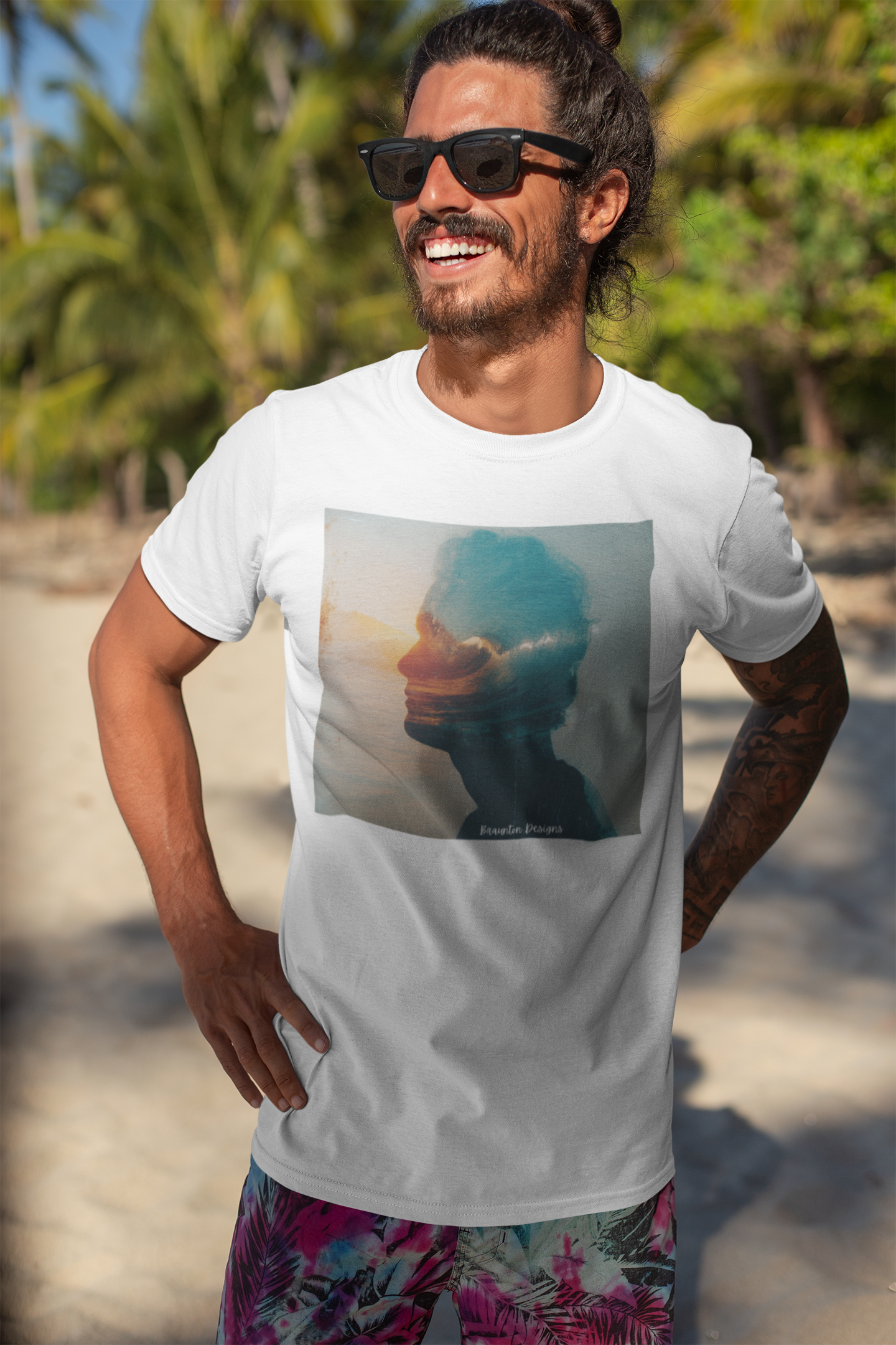 Surfer Double Exposure Tee — Ocean Sunset Silhouette T-Shirt