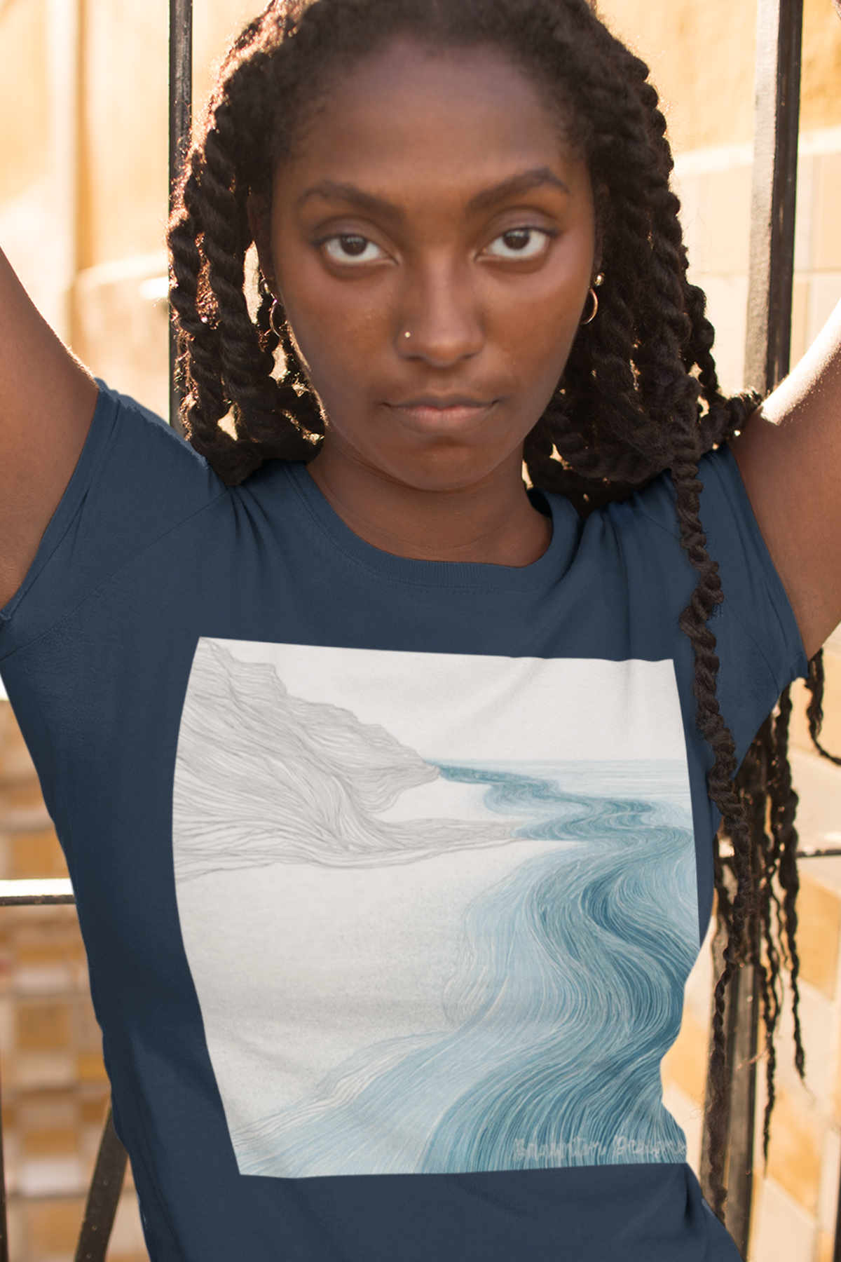 Ocean Flow Art T-Shirt — Blue Wave Landscape Graphic Tee. Lightweight Fabric