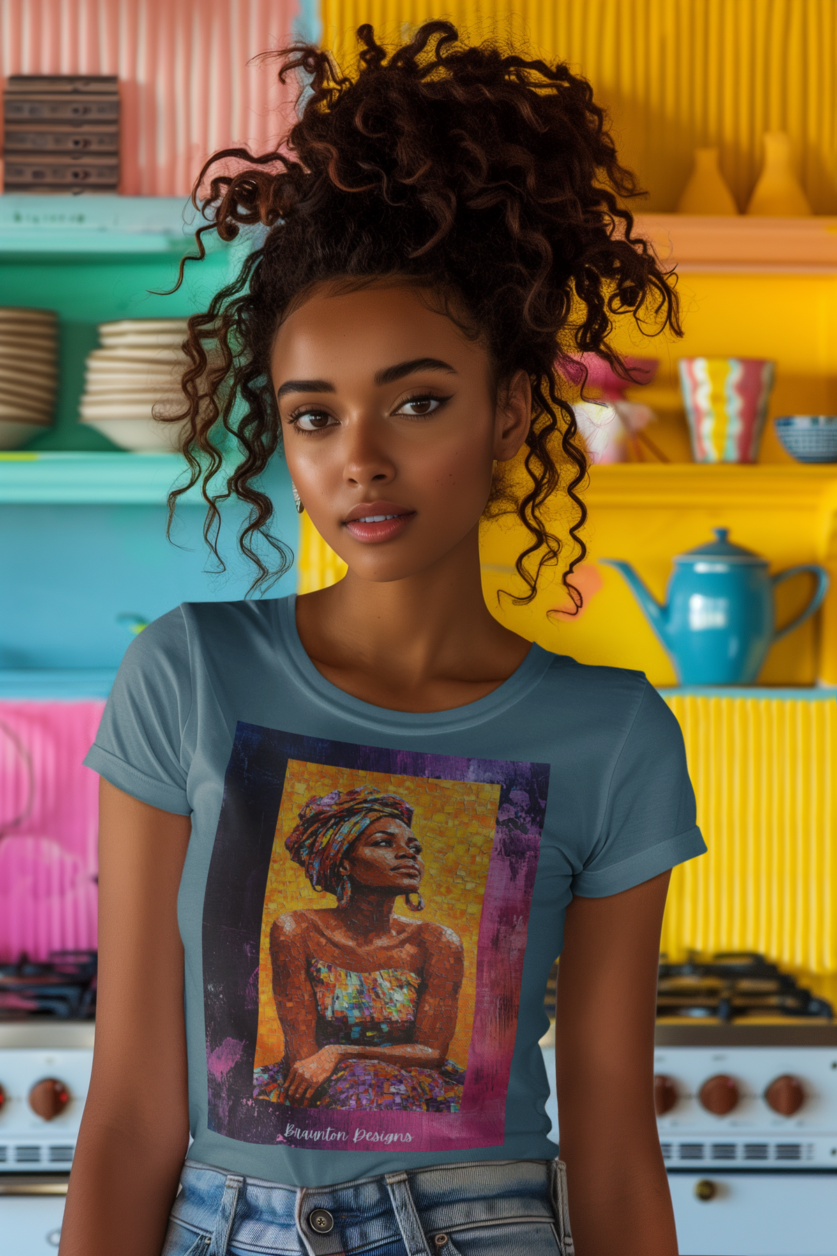 African Queen Portrait T-Shirt — Colorful Headwrap Art Tee