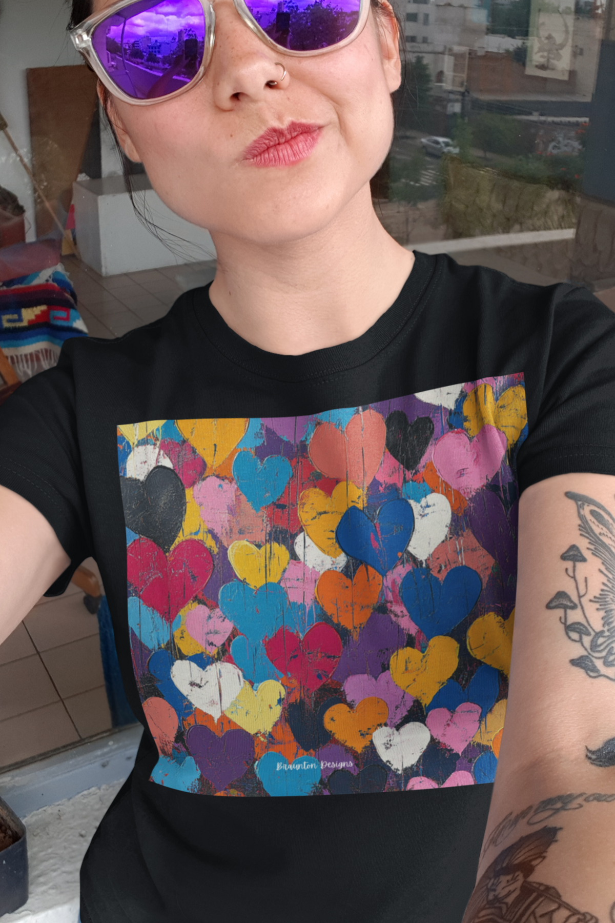 Women’s Heart Pattern Tee – Colorful Abstract Love Graphic T‑Shirt. Lightweight Fabric