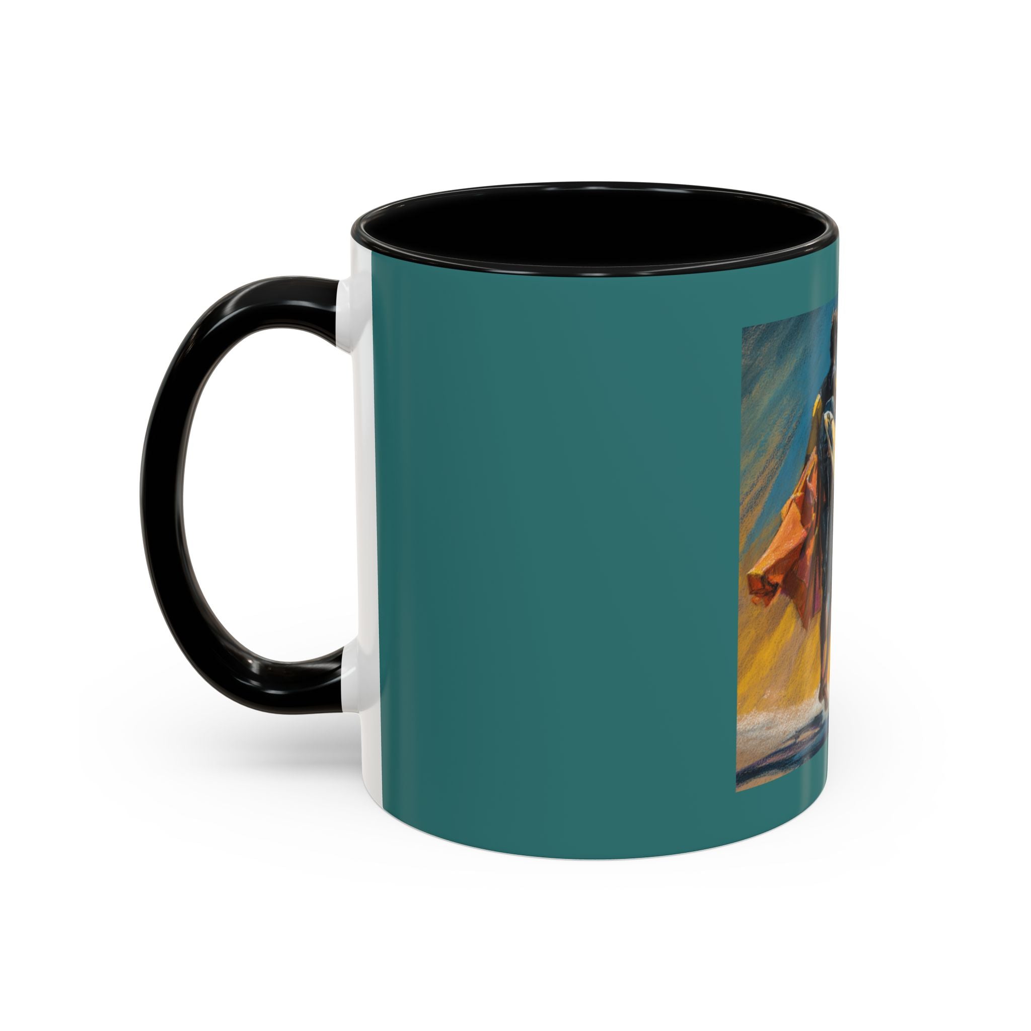 Surfing Art Coffee Mug — Teal Accent Ceramic Mug with Surfer Painting (11/15 oz)