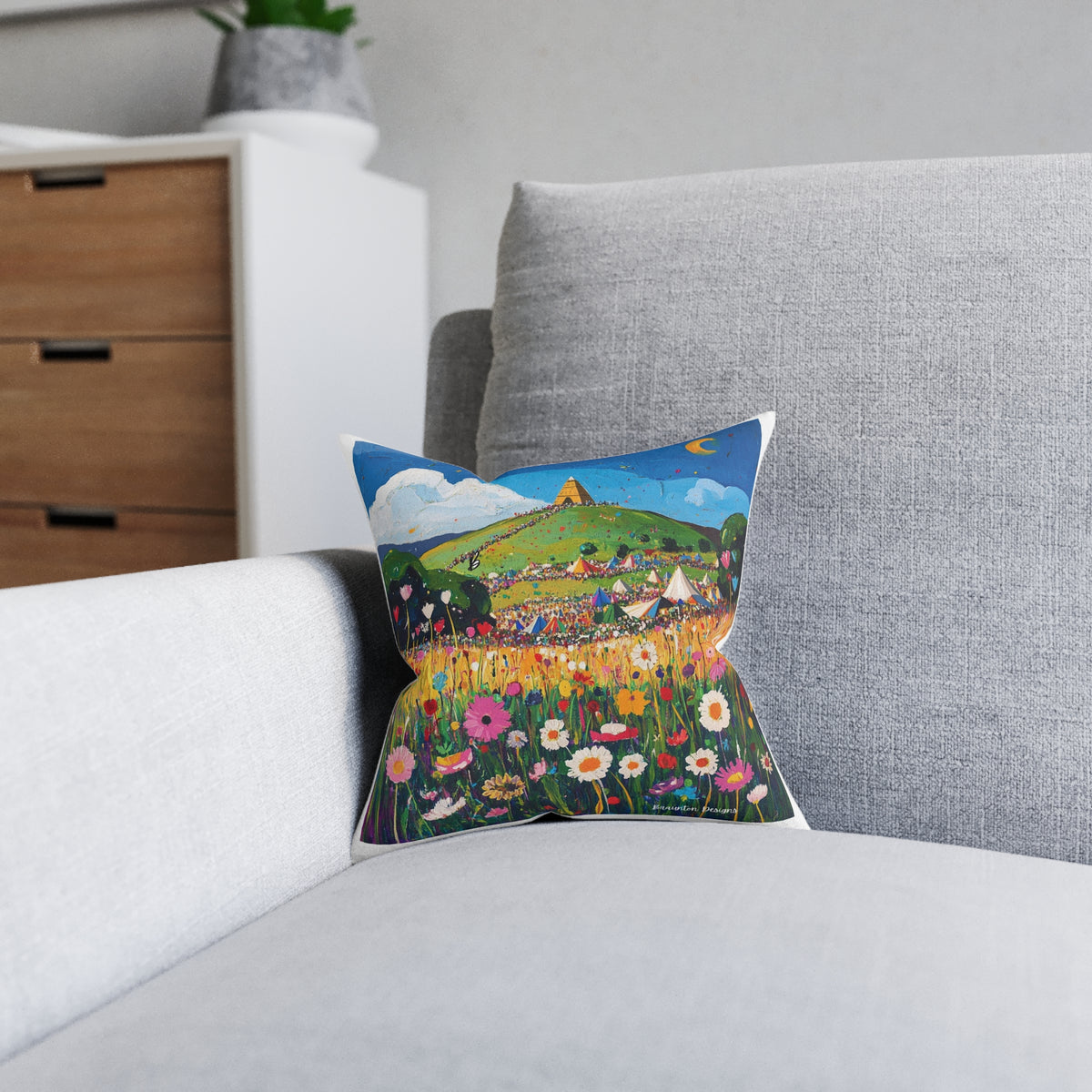 Cottage Meadow Floral Pillow — Colorful Festival Landscape Decorative Throw