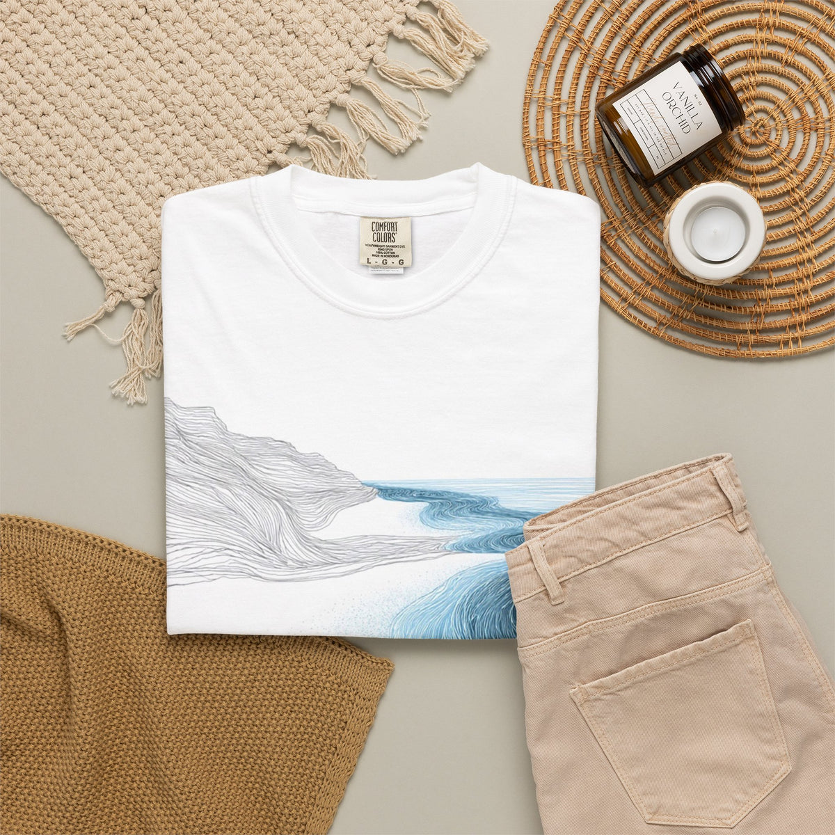 Ocean Current Art T-Shirt — Calming Blue Coastal Wave Graphic Tee. Heavyweight Fabric