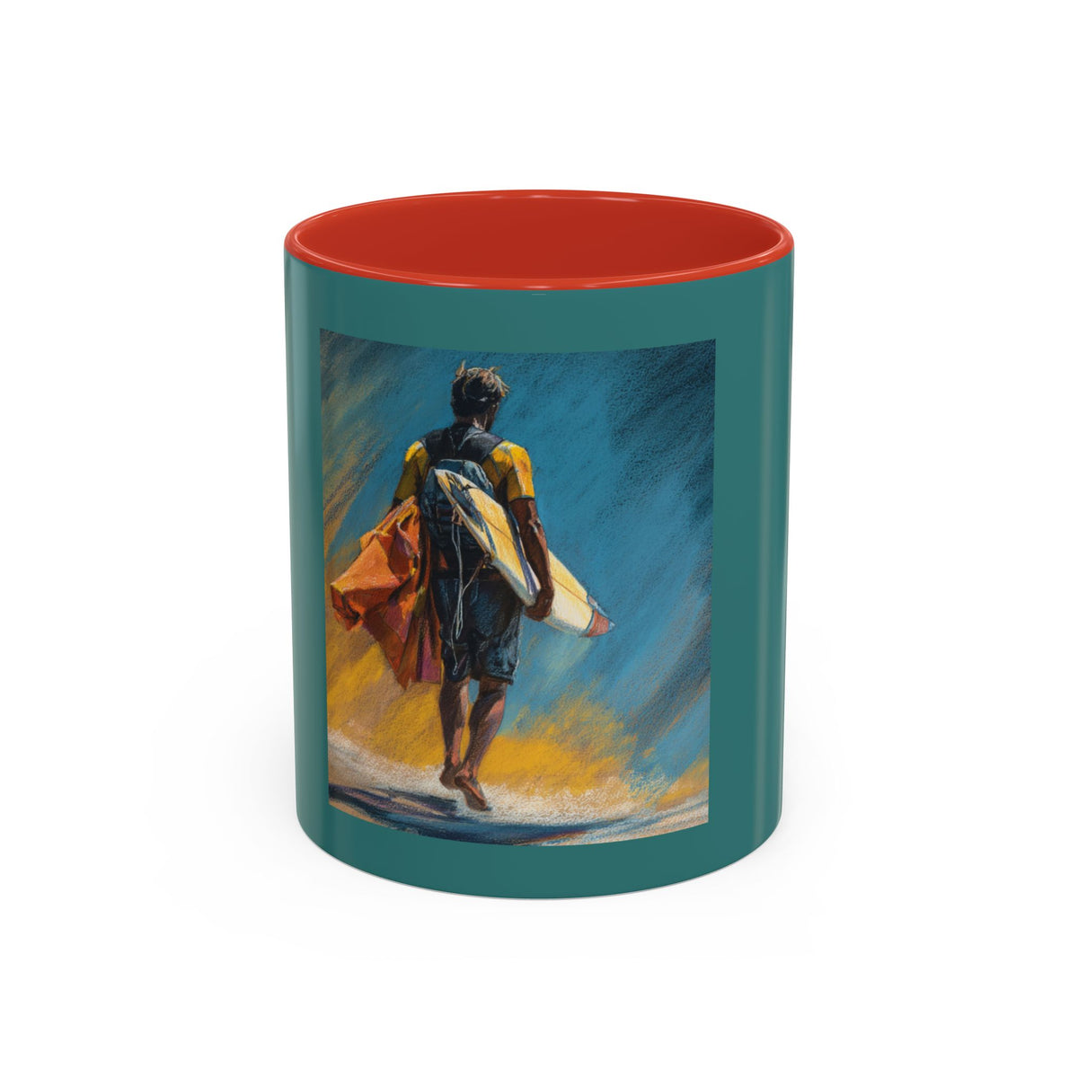 Surfing Art Coffee Mug — Teal Accent Ceramic Mug with Surfer Painting (11/15 oz)