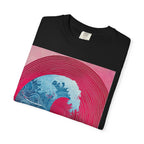 Women's Graphic Tee — Retro Pink & Blue Wave Art Shirt. Heavyweight Fabric