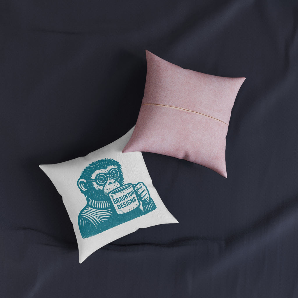 Monkey with Coffee Square Pillow — Retro Teal Print on Pink-Back Accent Cushion
