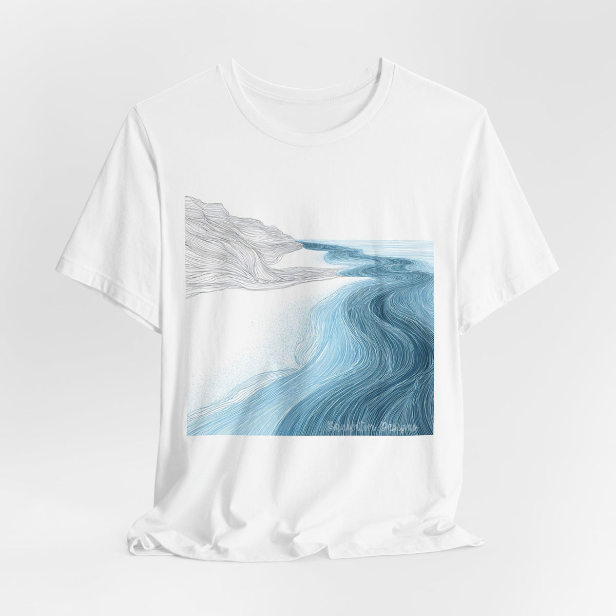 Ocean Flow Art T-Shirt — Blue Wave Landscape Graphic Tee. Lightweight Fabric