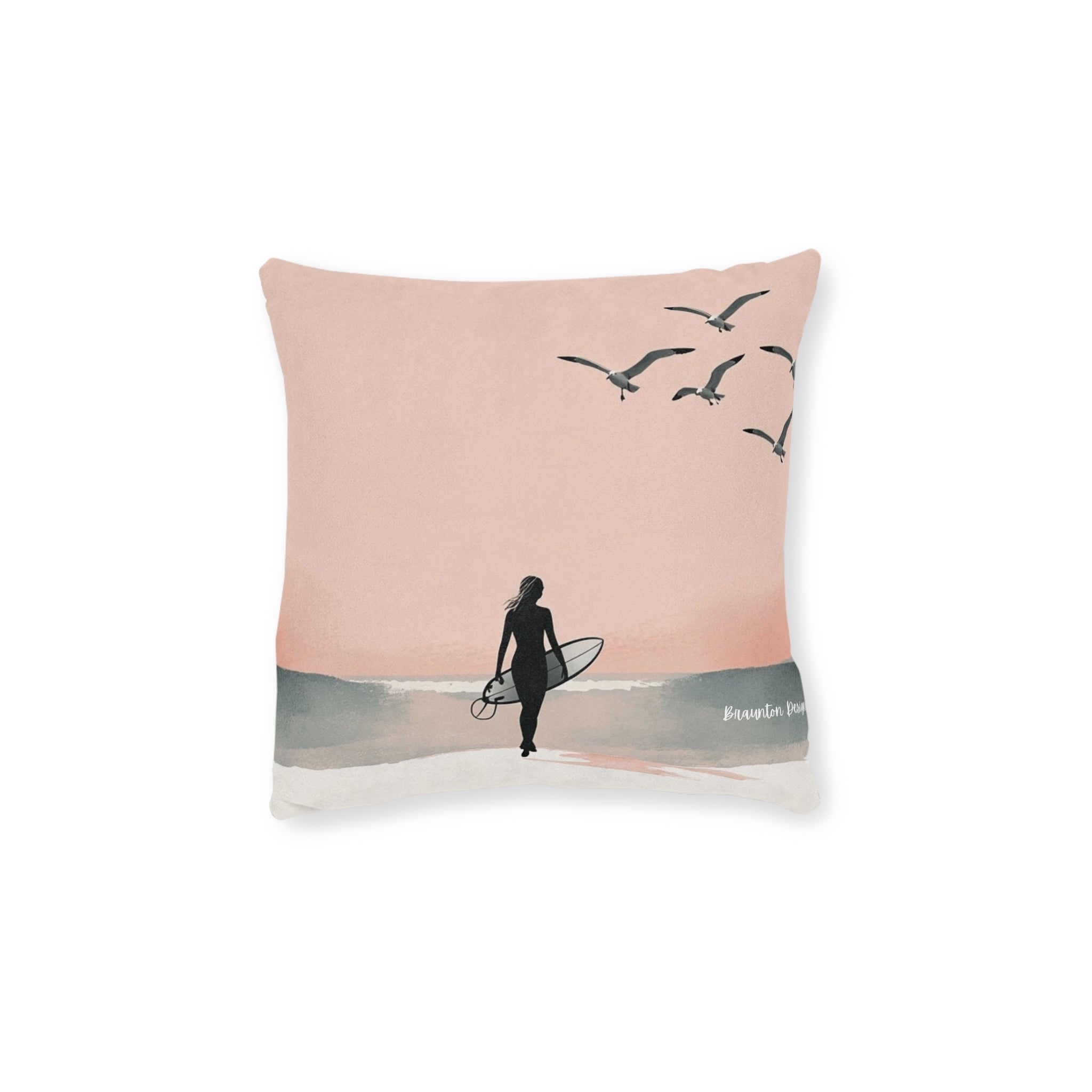 Surf Silhouette Throw Pillow — Pink Coastal Beach Decor